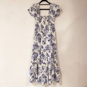 o.p.t Classic Smocked Midi Dress in Blue Toile
